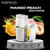 Flonq MAX S Mango Peach vape device and packaging with mango and peach graphics on a black background.