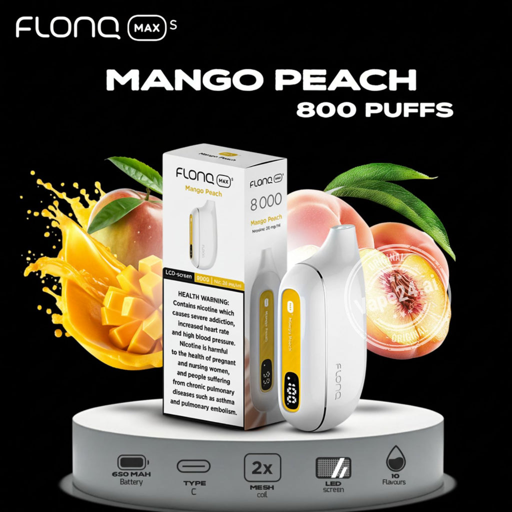 Flonq MAX S Mango Peach vape device and packaging with mango and peach graphics on a black background.