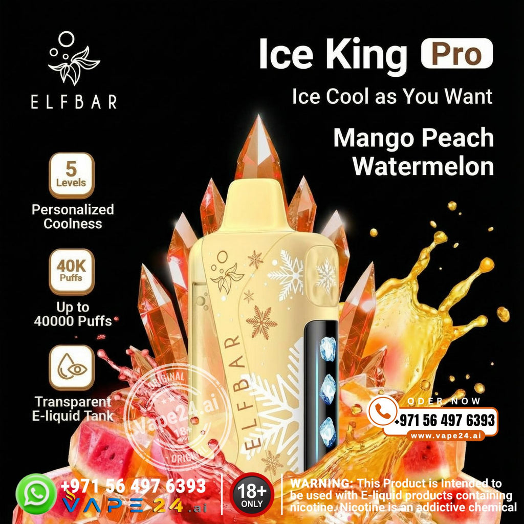 Elf Bar Ice King Pro vape device with mango peach watermelon flavor on a black background