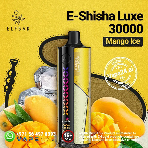 Elf Bar E-Shisha Luxe 30000 Puffs Mango Ice flavor, showcasing vibrant design and mango graphics.