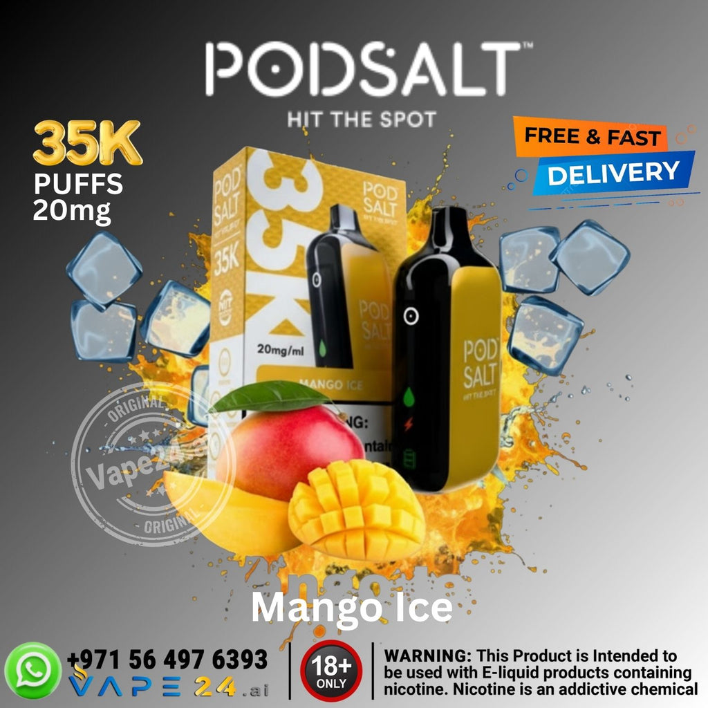 Promotional image of PODSALT vape device and packaging with mango ice flavor, featuring text about puffs and nicotine content.