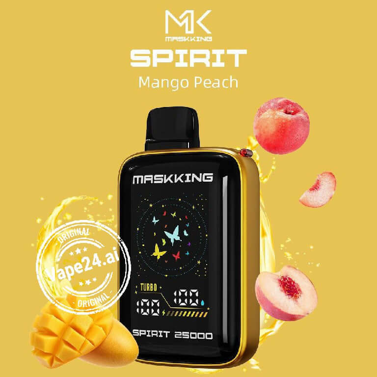 MASKKING SPIRIT 25000 Puffs Disposable Vape in Mango Peach flavor on a vibrant yellow background.