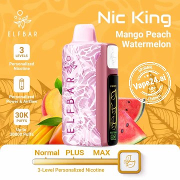 Elfbar Nic King disposable vape with mango and watermelon flavor, featuring 30k puffs and personalized nicotine levels.