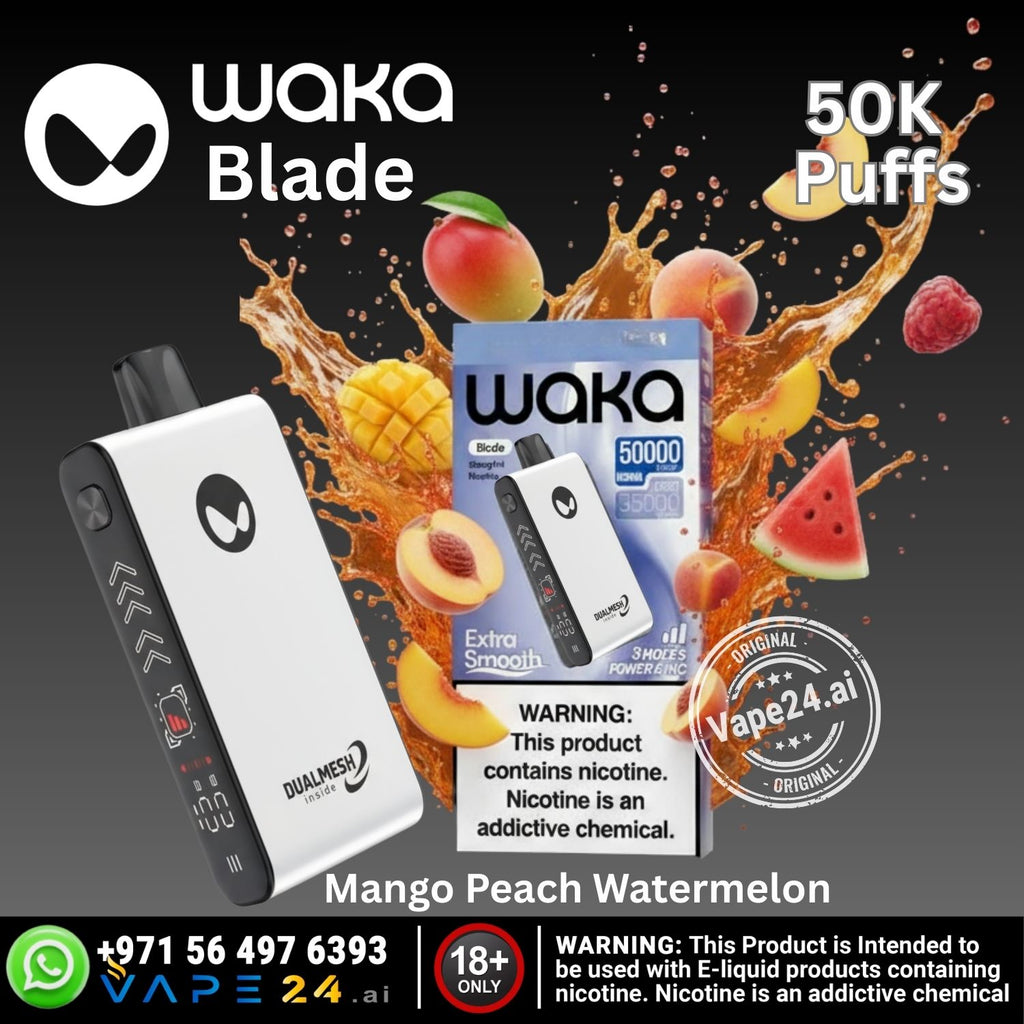 Waka 50000 Puffs vape tropical fruit medley, layered flavor illustration, mango pineapple melon vape concept art - Waka Blade 50000 Puffs Disposable Vape UAE – vape24.ai