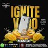 Advertisement for IGNITE Vape with mango flavor and product details on a black background