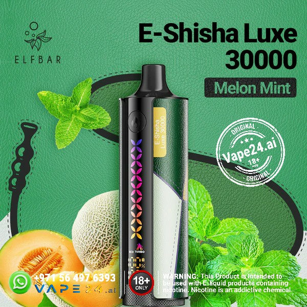 Elf Bar E-Shisha Luxe 30000 Melon Mint flavor disposable vape with fresh mint and melon graphics.
