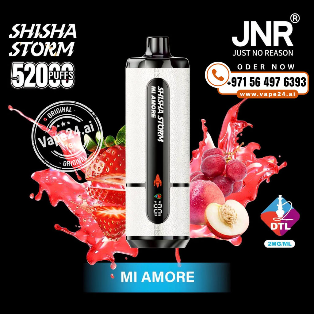 JNR Vape device with fruit graphics and Mi Amore flavor promotional text on a black background