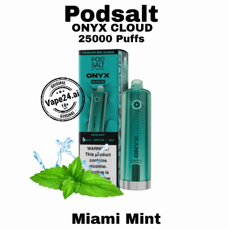 Podsalt ONYX Cloud vape device and packaging with mint leaf flavor on a white background