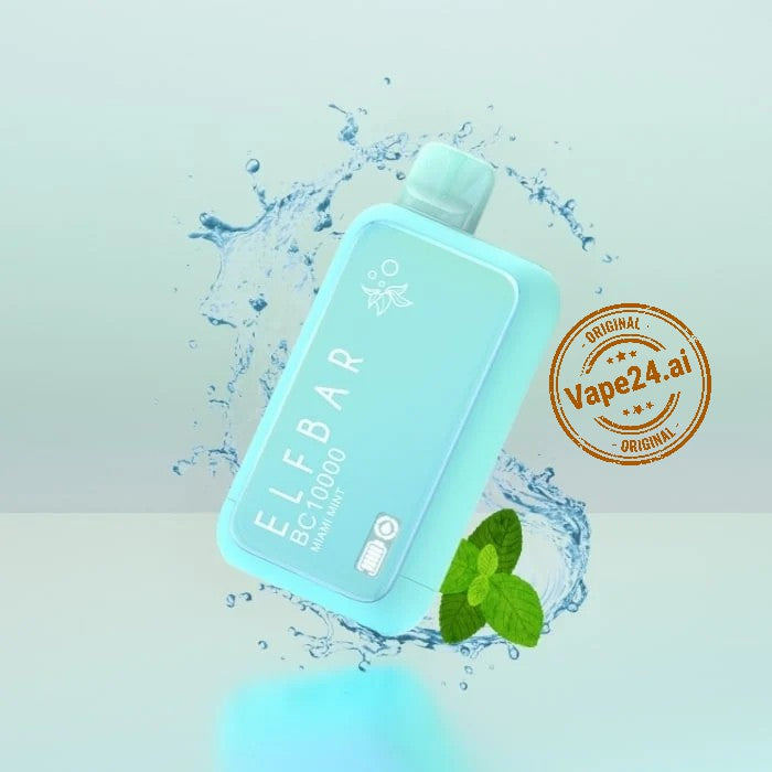 New ELF BAR BC 10000 Puffs Disposable Vape in mint flavor with Vape24.ai logo and water splash background.