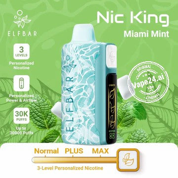 Elfbar Nic King Disposable Vape Miami Mint flavor, 30k puffs, 3-level personalized nicotine options.