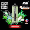 JNR Vape device with 'Shisha Storm' branding, Mint gum flavor, and promotional text on a black background