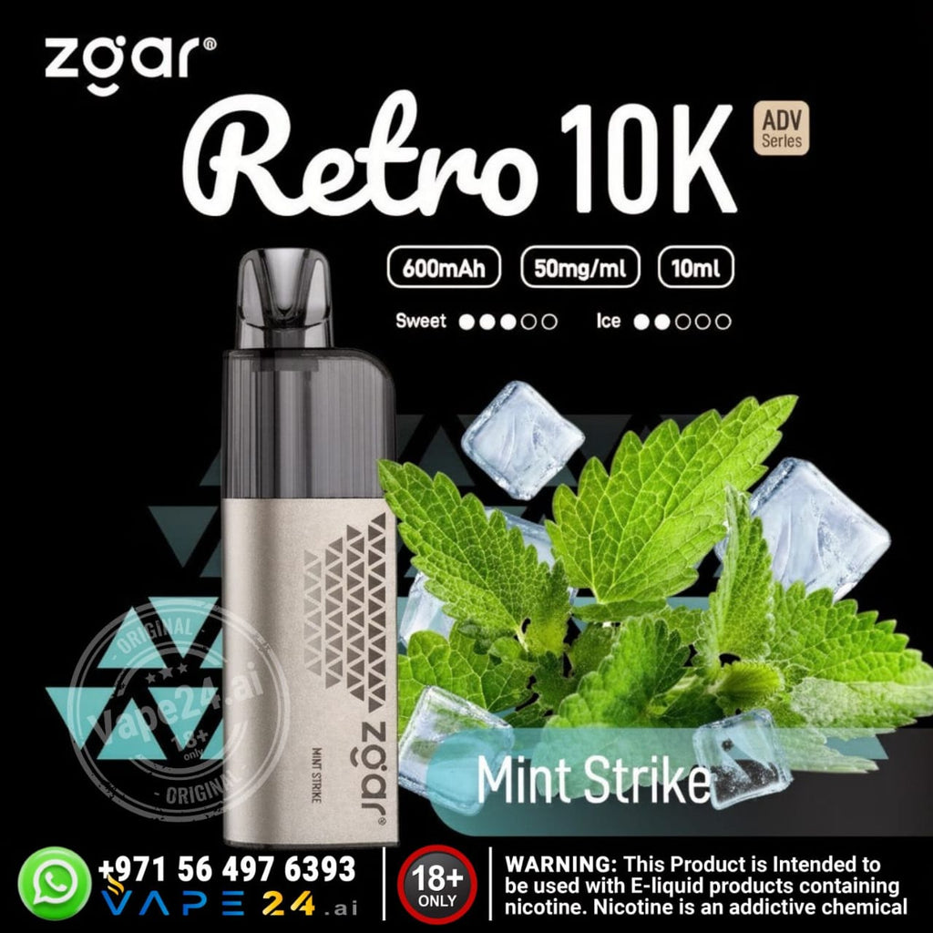 Zgar Retro 10K vape device with mint leaves and ice cubes on a black background