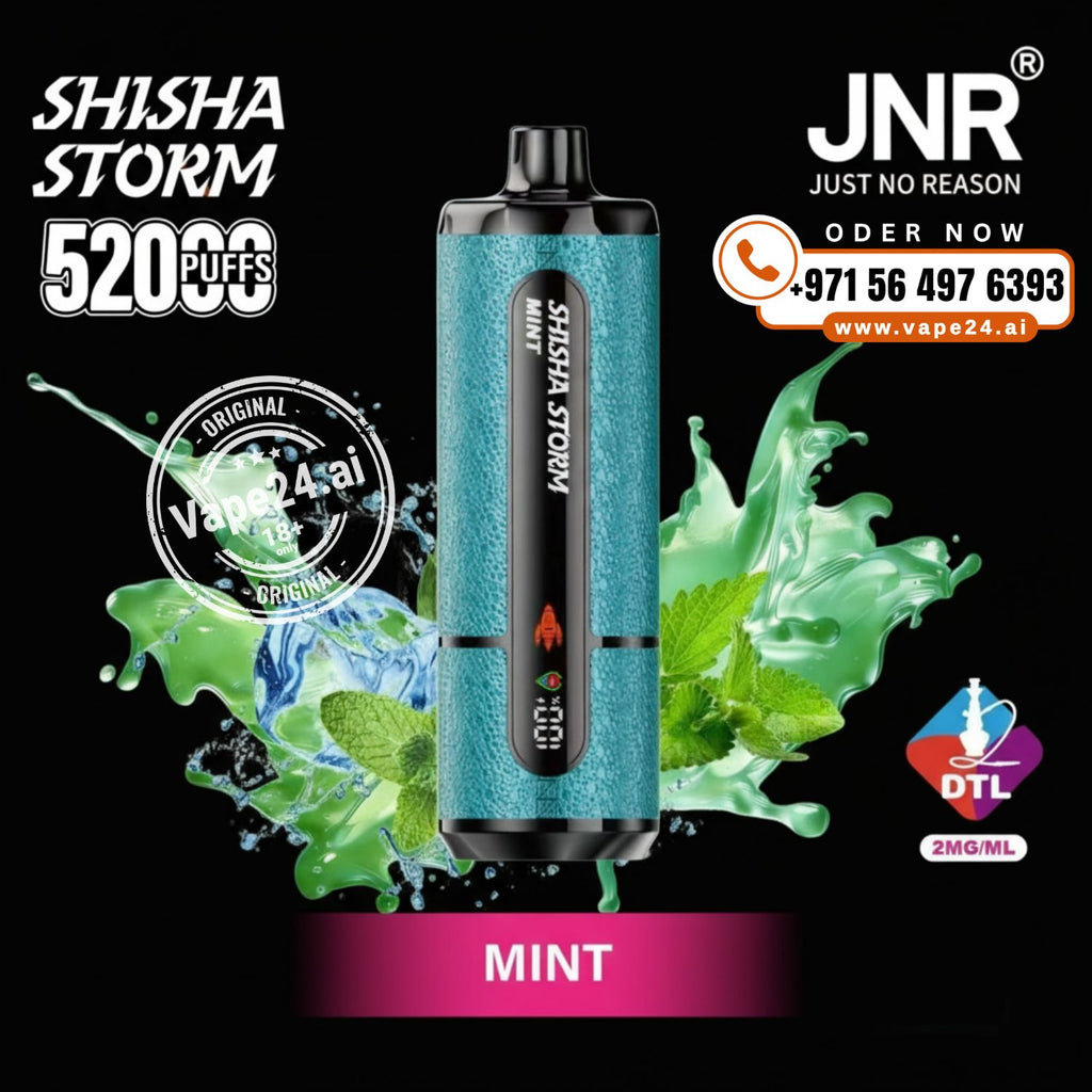 JNR Vape device with 'Shisha Storm' branding, mint flavor, and promotional text on a black background