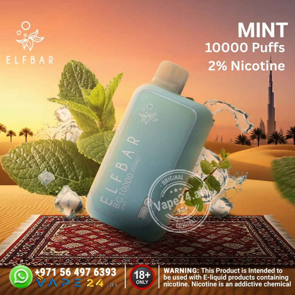 Elf Bar BC10000 puffs 20mg vape device with mint leaves on a desert background