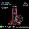 Air Bar e-shisha vape device with digital display on a black background, featuring branding and product details.