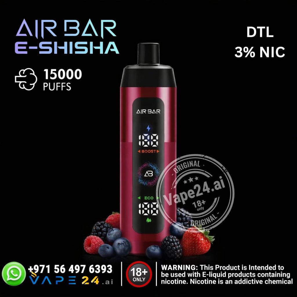 Air Bar e-shisha vape device with digital display on a black background, featuring branding and product details.