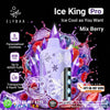 Elf Bar Ice King Pro vape device with colorful fruit graphics with the flavor of mix berry and product details on a black background.