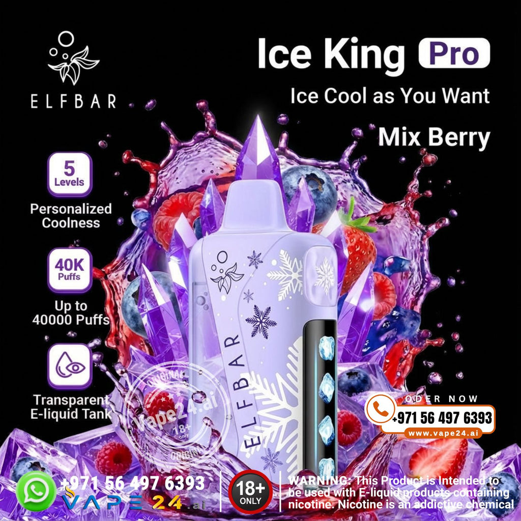 Elf Bar Ice King Pro vape device with colorful fruit graphics with the flavor of mix berry and product details on a black background.