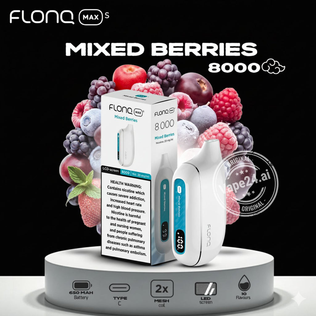 FLONQ MAX S vape device with packaging and mixed berries on a black background