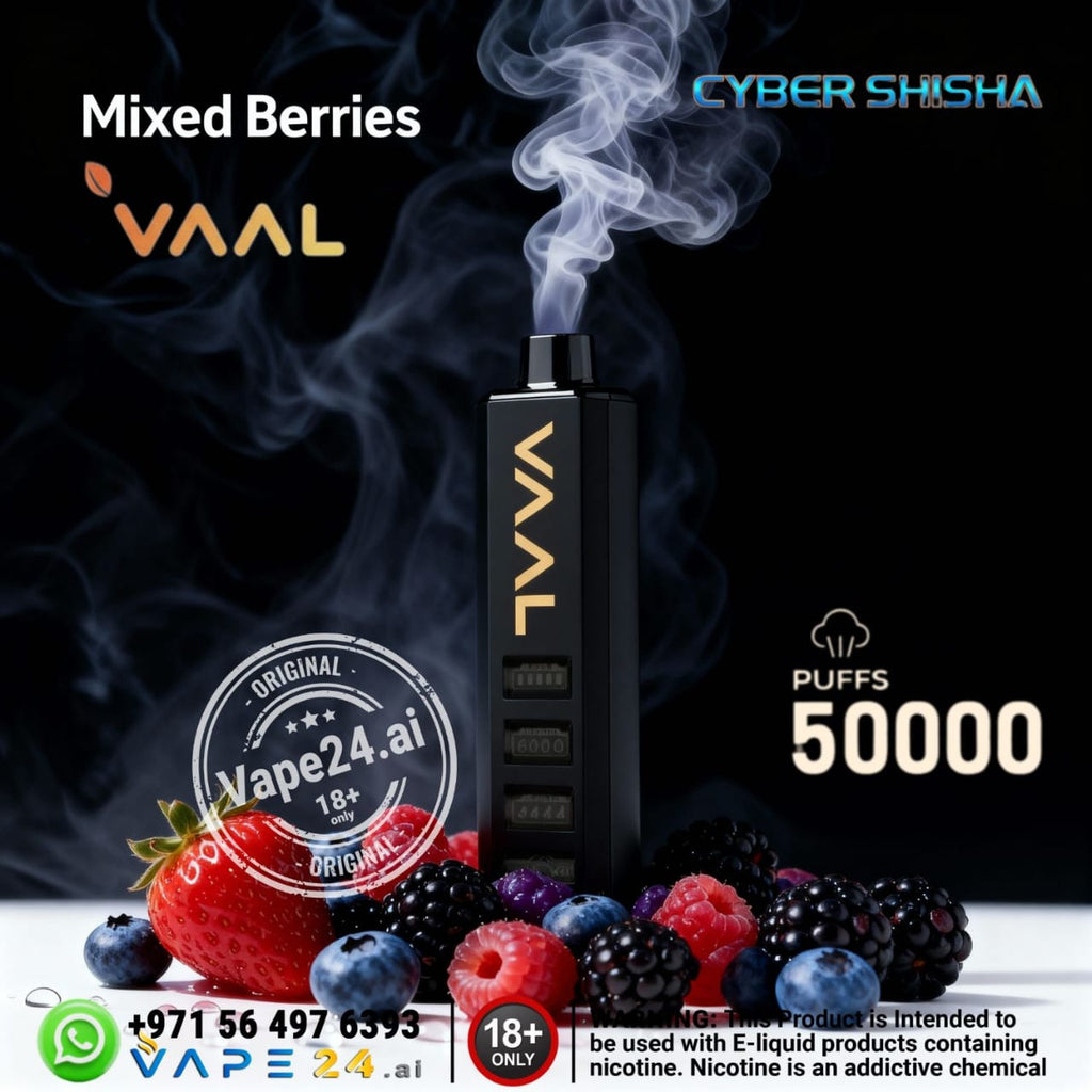 VAAL vape device with mixed berries and smoke on a dark background, featuring VAPE24.ai branding.