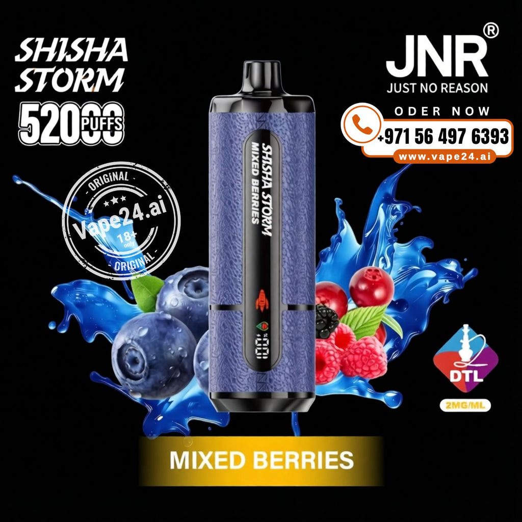 JNR Vape device with 'Shisha Storm' branding,  and mixed berries flavor on a black background.