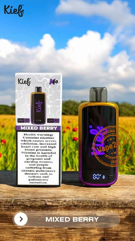 KIEF K30 Mixed Berry 20MG Disposable Vape in a scenic field, showcasing sleek design and vibrant packaging.