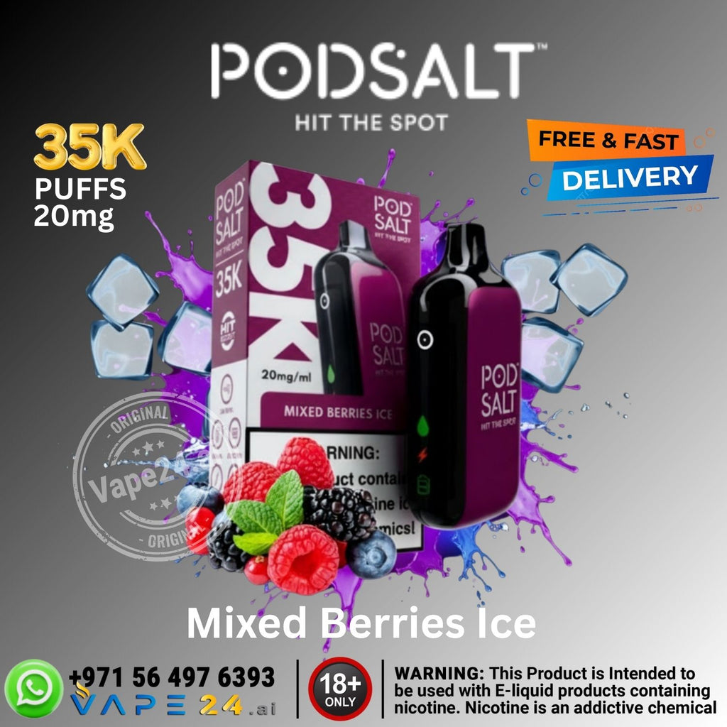 Promotional image of PODSALT vape devices and packaging with mixed berries ice flavor.