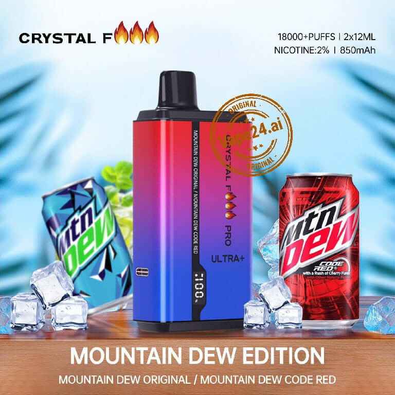 Crystal Fire Pro Ultra+ vape with Mountain Dew flavors, 18000 puffs, vibrant design, and 2% nicotine content.