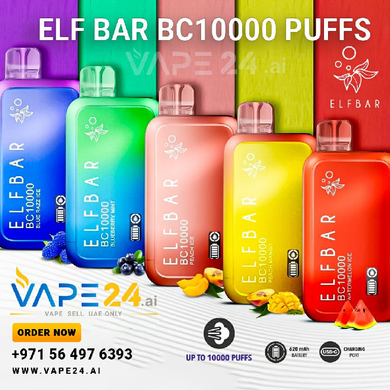 ELF BAR BC 10000 Puffs Disposable Vape in vibrant colors with fruit flavors and features like 620 mAh battery, fast charging and up to 10000 puffs.