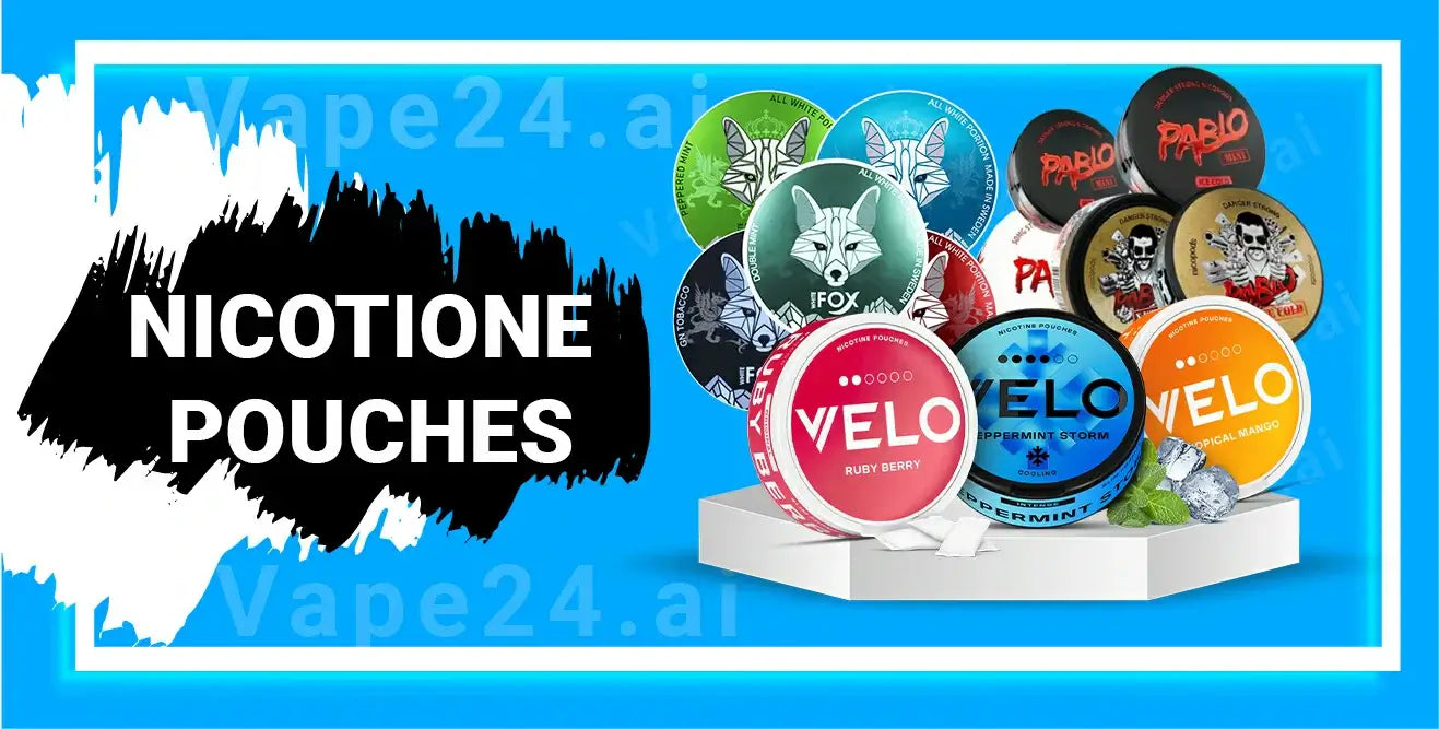 Colorful nicotine pouches displayed on a light blue background, featuring various brands and flavors.