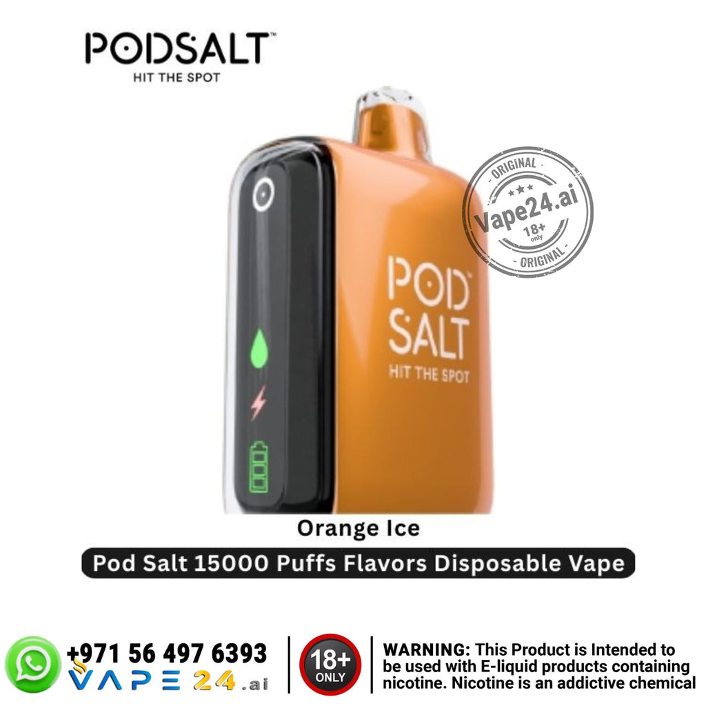 Pod Salt disposable vape device with 'Orange Ice' flavor on a white background, featuring the brand logo and product details.