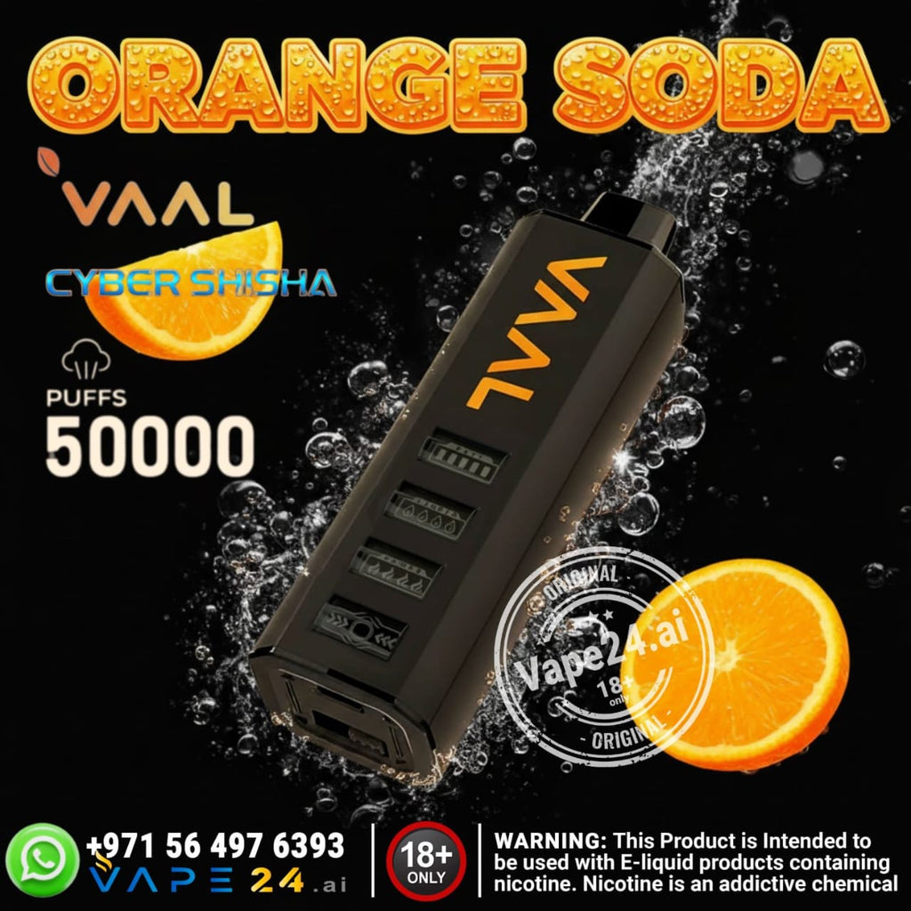 Vape device with 'Orange Soda' flavor branding on a black background with orange slices.
