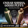 Promotional graphic for OXBAR Shisha 60000 Puffs disposable vape devices. Two metallic gold vape devices are shown side-by-side, one with a green grip and one with a brown grip, set against a dark smoky background with Vape24.