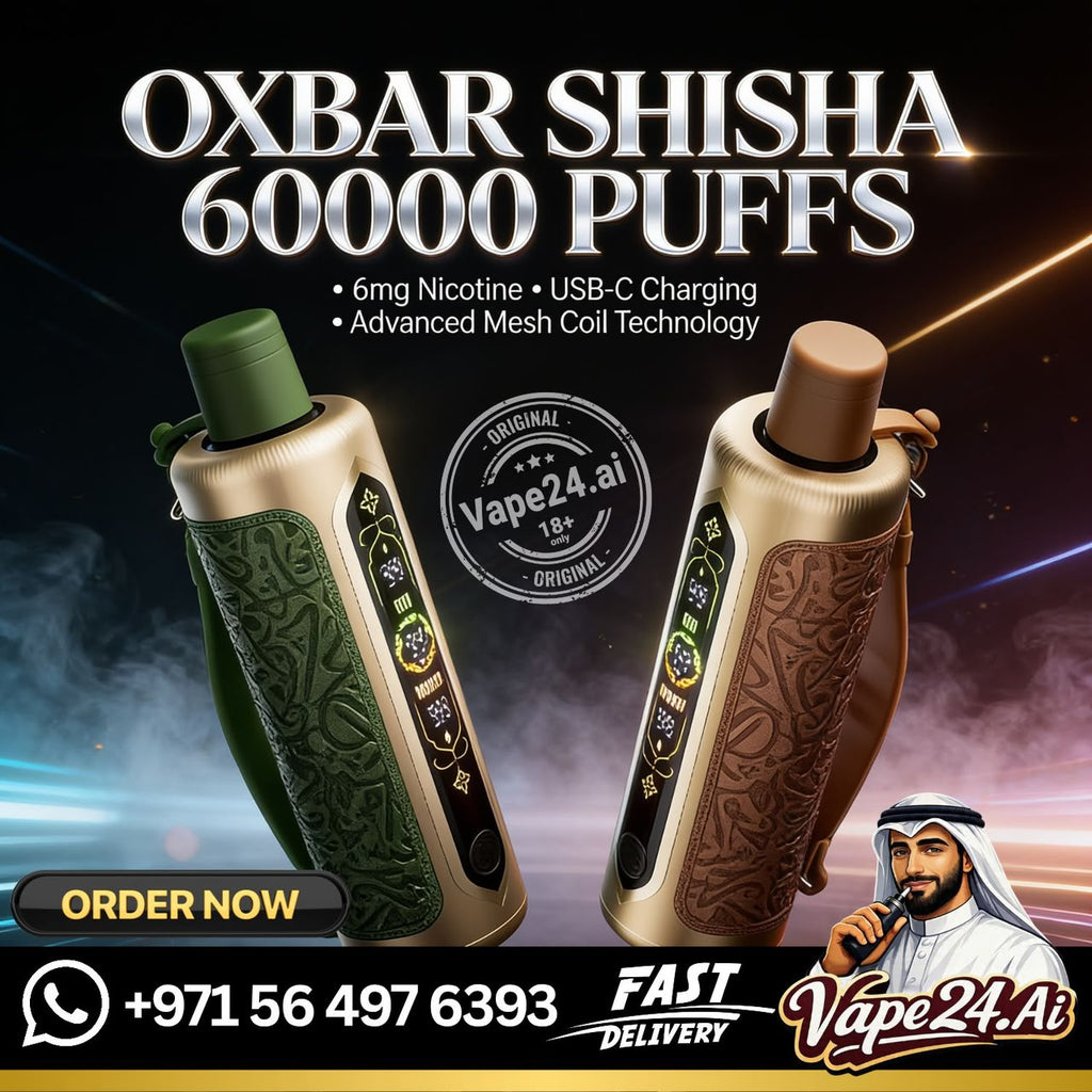 Promotional graphic for OXBAR Shisha 60000 Puffs disposable vape devices. Two metallic gold vape devices are shown side-by-side, one with a green grip and one with a brown grip, set against a dark smoky background with Vape24.