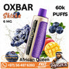Oxbar Shisha 6 MG African Queen flavor vape device in purple and gold, surrounded by blueberries, mango, and apple graphics with promotional text and a Vape24.Ai logo.