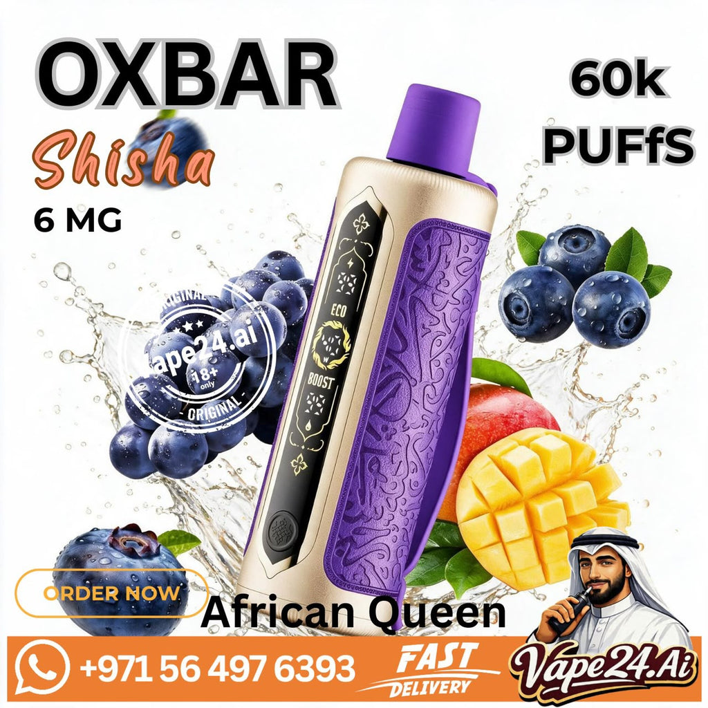 Oxbar Shisha 6 MG African Queen flavor vape device in purple and gold, surrounded by blueberries, mango, and apple graphics with promotional text and a Vape24.Ai logo.