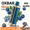 Blueberry OXBAR Shisha vape device with a blue and gold body, surrounded by blueberry graphics, on a white background with promotional text and a Vape24.Ai logo.