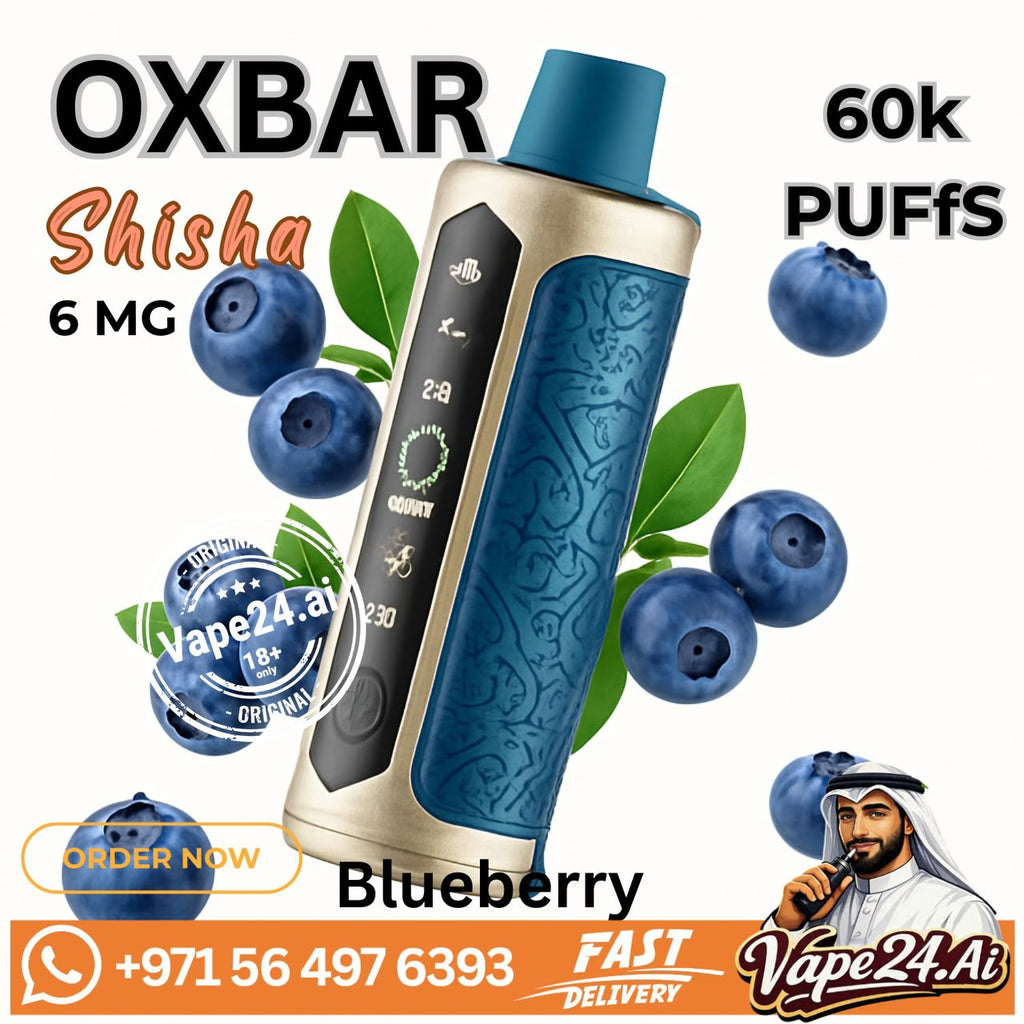 Blueberry OXBAR Shisha vape device with a blue and gold body, surrounded by blueberry graphics, on a white background with promotional text and a Vape24.Ai logo.
