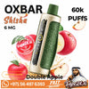 OXBAR Shisha Double Apple vape device with a metallic gold body and green patterned grip, surrounded by red apples and promotional text including '60k Puffs', '6 MG', and 'Vape24.Ai'.