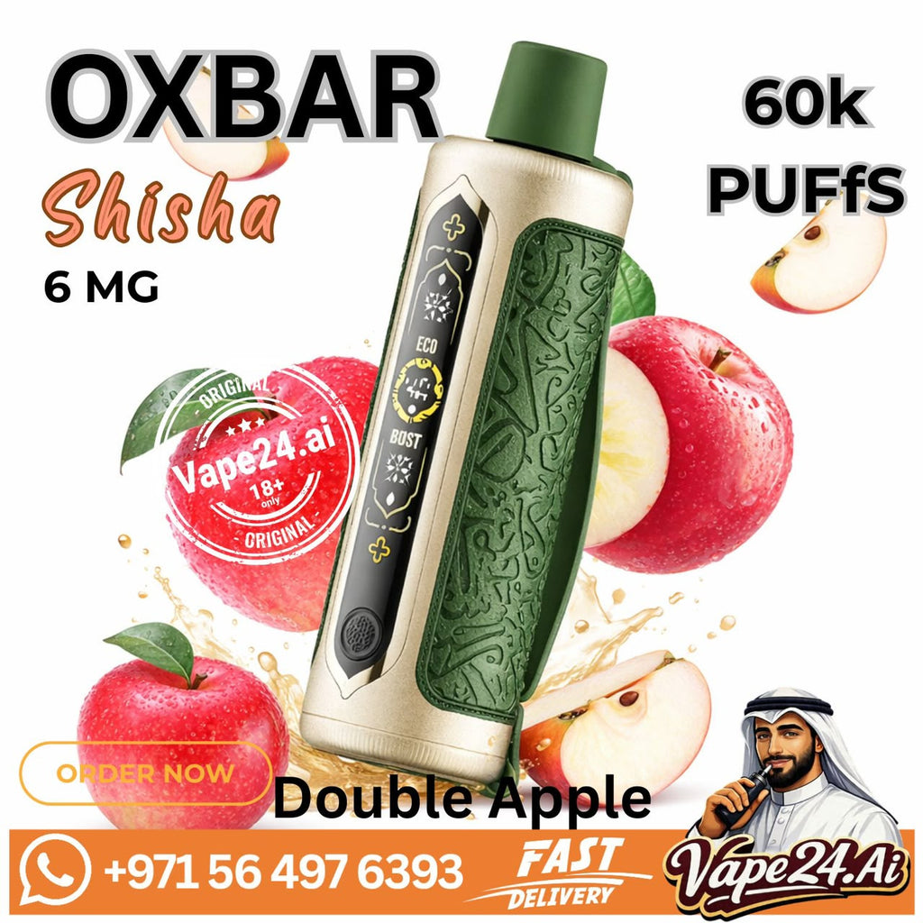 OXBAR Shisha Double Apple vape device with a metallic gold body and green patterned grip, surrounded by red apples and promotional text including '60k Puffs', '6 MG', and 'Vape24.Ai'.