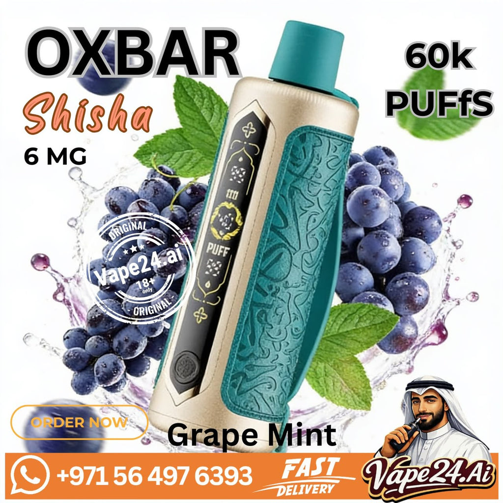OXBAR Shisha 6 MG Grape Mint disposable vape device with a gold and teal body, surrounded by grape illustrations, leaves, and promotional text including '60k Puffs' and 'Grape Mint'.