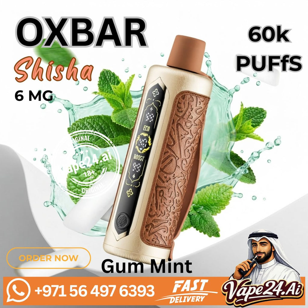 OXBAR Shisha 6 MG Gum Mint disposable vape device with a gold and brown textured body, shown with mint leaves and water splash graphics, along with promotional text and a Vape24.Ai logo.
