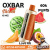 An OXBAR Vape24 Ai disposable vape device with a metallic gold and textured brown body, surrounded by watermelon, passion fruit, and melon slices, with text overlays indicating 'OXBAR Shisha 6 MG', '60k PUFFS', and 'Love 66'.