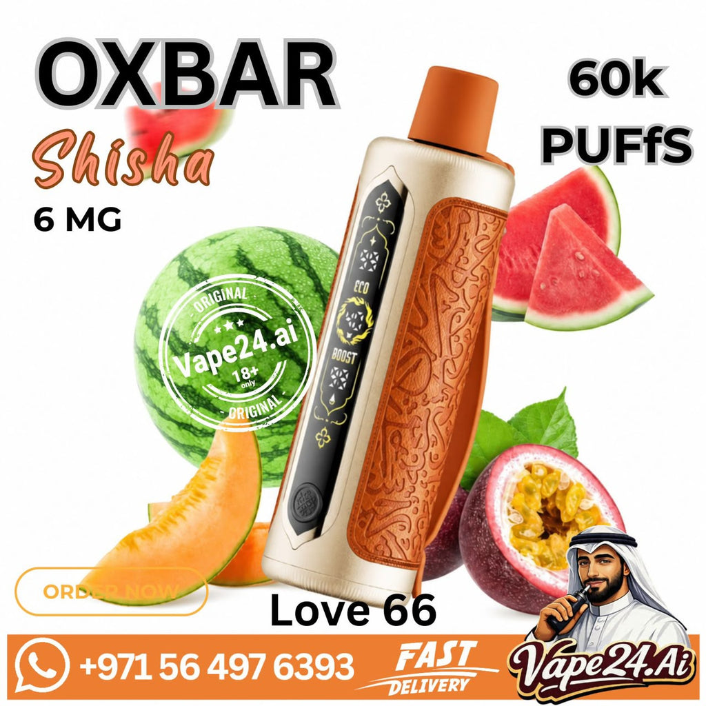 An OXBAR Vape24 Ai disposable vape device with a metallic gold and textured brown body, surrounded by watermelon, passion fruit, and melon slices, with text overlays indicating 'OXBAR Shisha 6 MG', '60k PUFFS', and 'Love 66'.