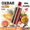 OXBAR Shisha vape device with a metallic gold body and dark red patterned grip, surrounded by watermelon, passion fruit, and citrus slices on a white background with promotional text and a Vape24.ai logo.