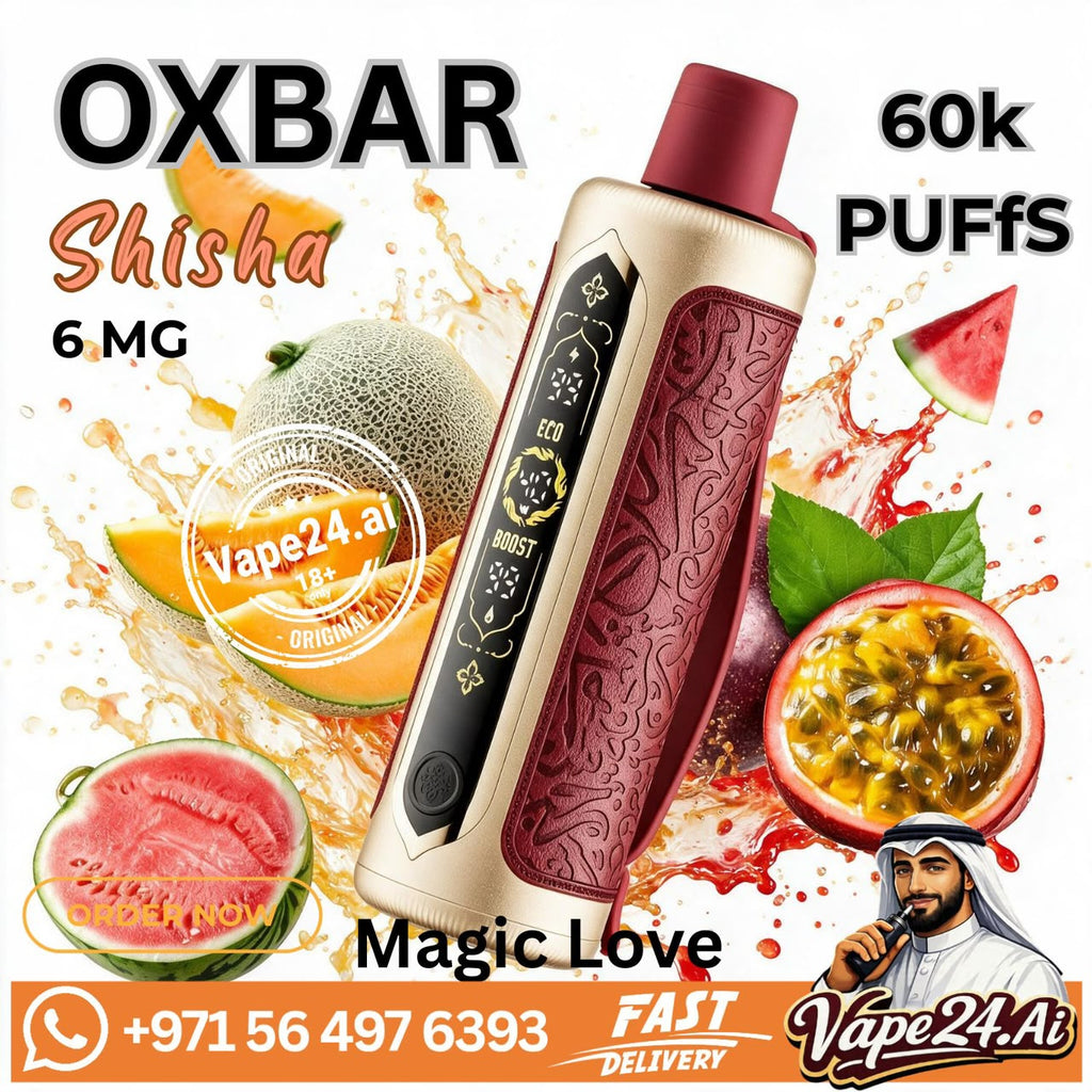 OXBAR Shisha vape device with a metallic gold body and dark red patterned grip, surrounded by watermelon, passion fruit, and citrus slices on a white background with promotional text and a Vape24.ai logo.