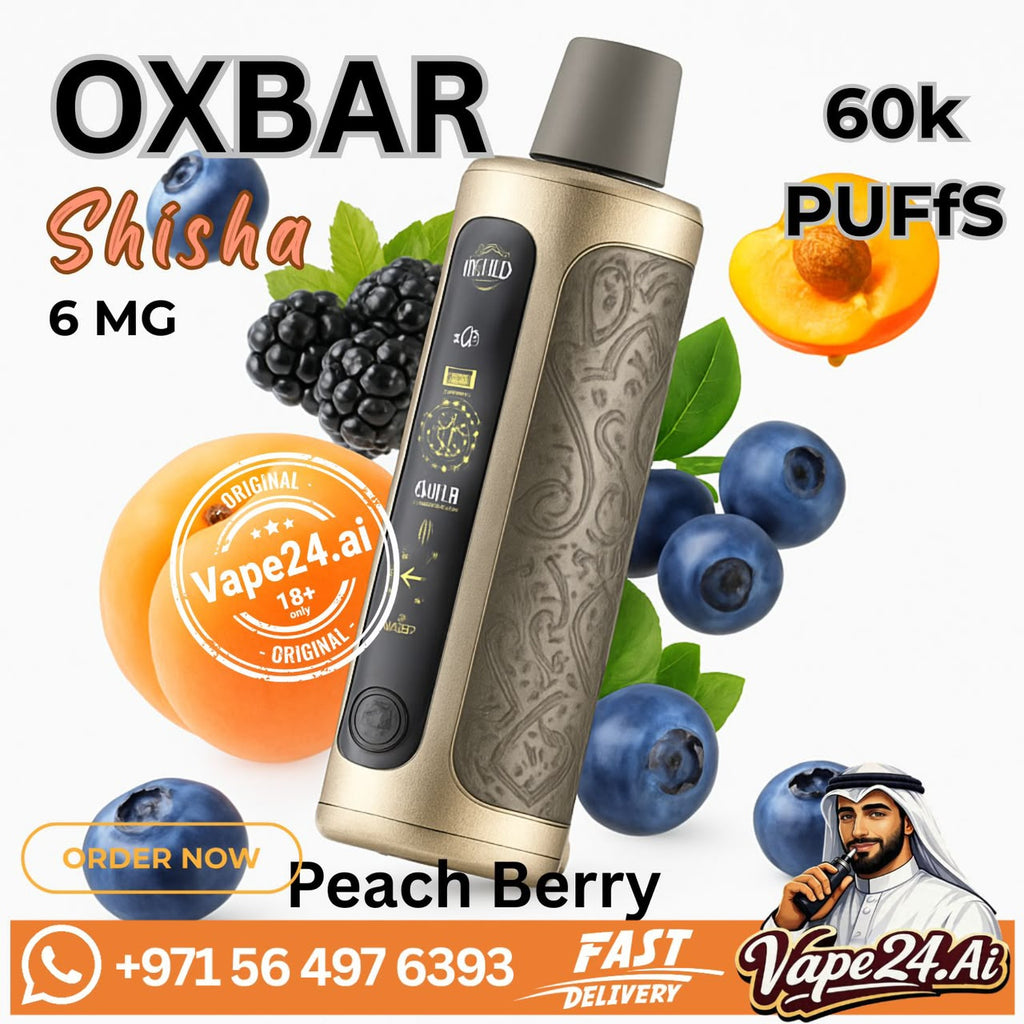 OXBAR Shisha 6 MG Peach Berry disposable vape device with a gold and black body, surrounded by peach slices, blueberries, and blackberries on a white background with promotional text and a Vape24.Ai logo.