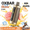 OXBAR Shisha Peach Ice disposable vape device with a metallic gold and gray paisley pattern, surrounded by peach slices, ice cubes, and orange splash graphics with Vape24Ai branding and order information.