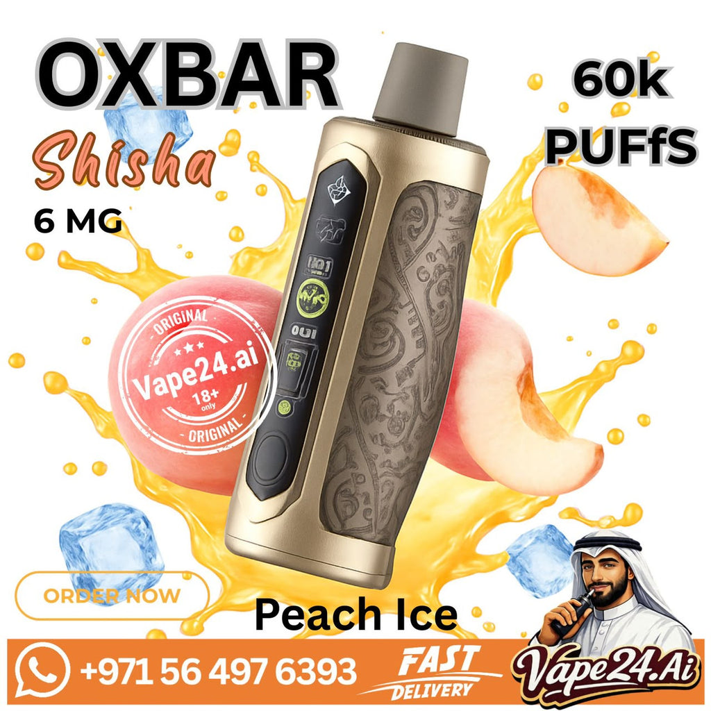 OXBAR Shisha Peach Ice disposable vape device with a metallic gold and gray paisley pattern, surrounded by peach slices, ice cubes, and orange splash graphics with Vape24Ai branding and order information.