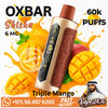 OXBAR Triple Mango Shisha vape device with a gold and brown textured body, surrounded by mango graphics and flavor text on a white background with a Vape24Ai logo.
